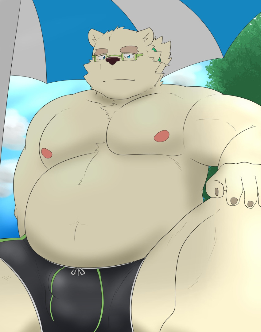 2019 anthro aosano_tenpura belly blue_eyes bulge clothing eyewear glasses hi_res humanoid_hands leib_(tas) male mammal moobs nipples outside overweight overweight_male polar_bear sitting solo swimwear tokyo_afterschool_summoners ursid ursine video_games