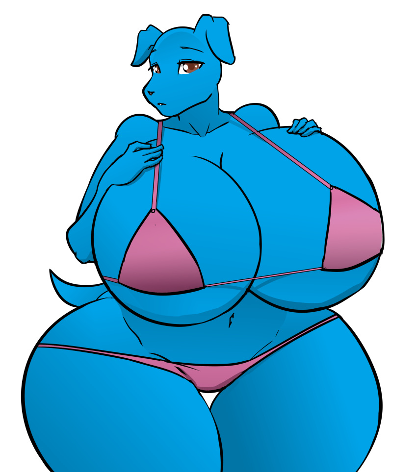 2019 absurd_res anthro big_breasts bikini blue_fur breasts brown_eyes canid canine canis cleavage clothed clothing digital_media_(artwork) domestic_dog female fingers fur hayakain hi_res huge_breasts hyper hyper_breasts looking_at_viewer mammal navel shina_eastmen_(lildredre) simple_background solo swimwear thick_thighs voluptuous wide_hips