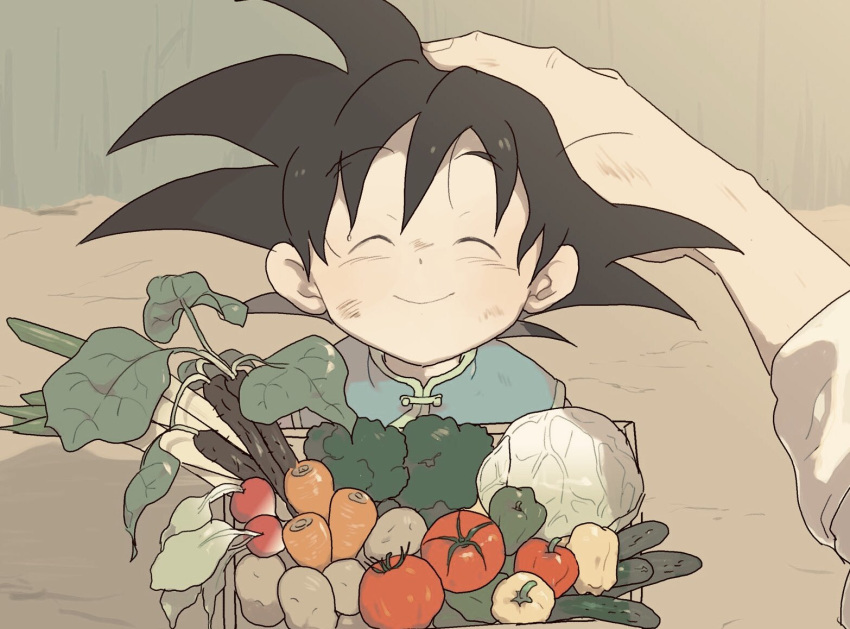 1boy ^_^ bell_pepper black_hair broccoli carrot chinese_clothes close-up closed_eyes cocorikokke commentary_request cucumber dirty dirty_face dragon_ball dragon_ball_super dragon_ball_z eyebrows_visible_through_hair face father_and_son fingernails food fruit hand_on_another's_head happy head_out_of_frame holding holding_food holding_vegetable lettuce male_focus out_of_frame outstretched_arm pepper petting potato pov pov_hands radish short_hair smile son_gokuu son_goten spiked_hair spring_onion sweat tomato upper_body vegetable