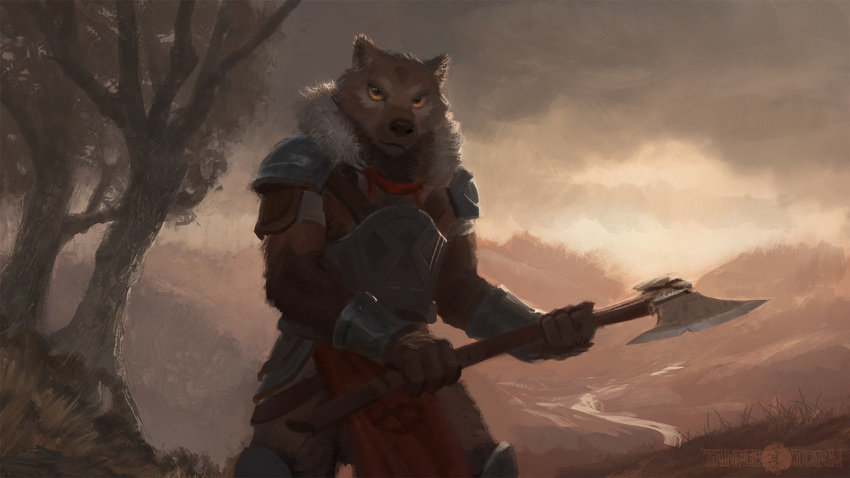 16:9 2019 ambiguous_gender anthro armor axe black_nose bracers brenna_(tangletorn) brown_eyes brown_fur clothed clothing cloud day detailed detailed_background digital_media_(artwork) fur grass hi_res holding_object holding_weapon lofi looking_at_viewer mammal melee_weapon nature outside sky solo standing tree ursid water weapon