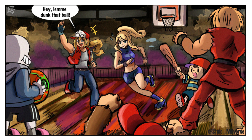 1girl animal baseball_bat baseball_cap basketball blonde_hair blue_eyes bone bra breasts denim diddy_kong donkey_kong_(series) dougi fatal_fury fingerless_gloves gloves hat highres jacket jeans ken_masters long_hair metroid mother_(game) mother_2 multiple_boys muscle ness pants ponytail samus_aran sans short_hair shorts skeleton smile snk stoic_seraphim street_fighter street_fighter_ii_(series) super_smash_bros. terry_bogard the_king_of_fighters undertale underwear