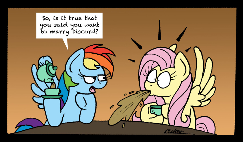 beverage bobthedalek cup dialogue duo english_text equid equine female feral fluttershy_(mlp) friendship_is_magic hair hi_res mammal multicolored_hair my_little_pony pink_hair pterippus rainbow_dash_(mlp) rainbow_hair saucer simple_background spit-take surprise tea tea_cup tea_pot text wide_eyed wings