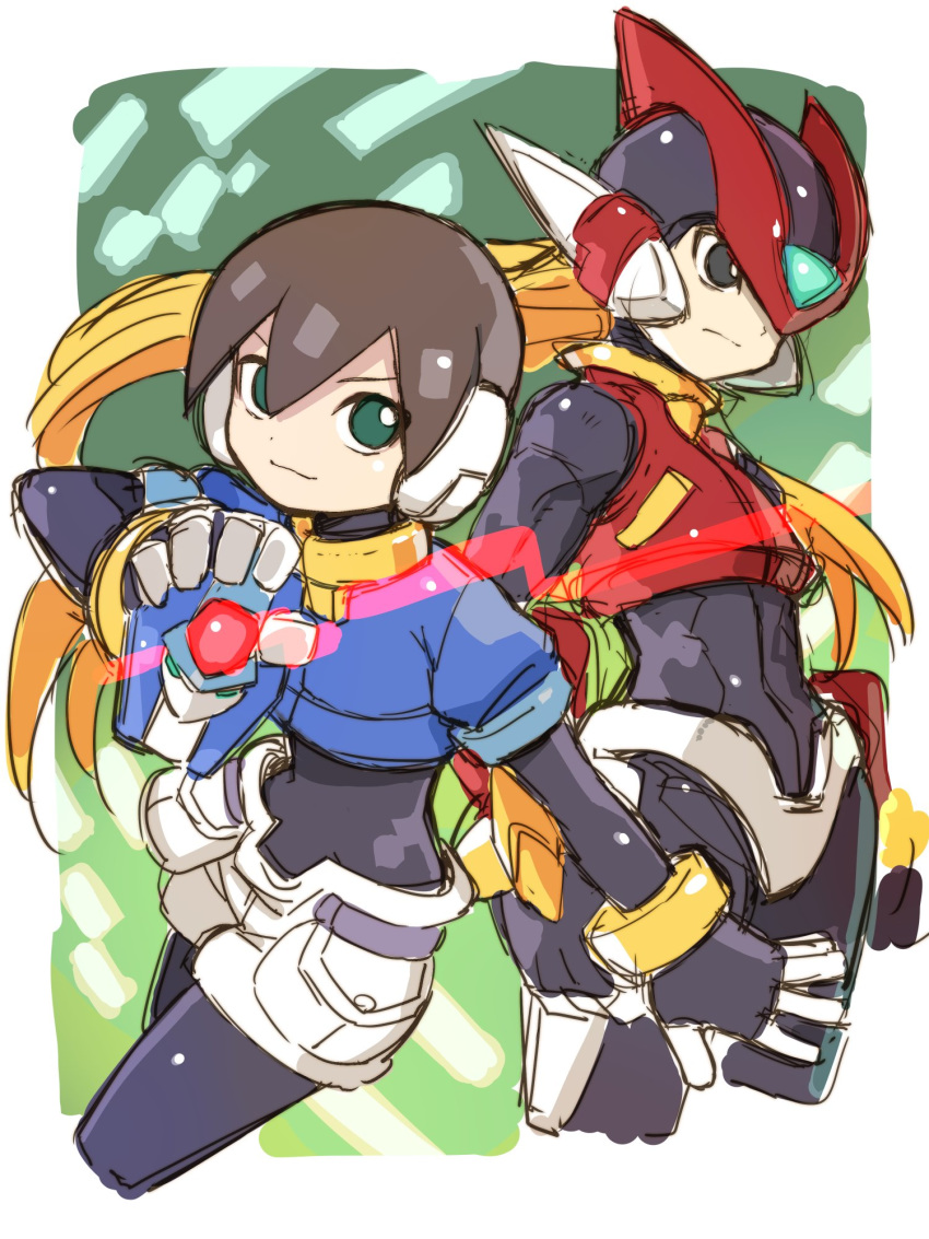 1boy 1girl aile android bangs black_eyes blonde_hair bodystocking bracelet brown_hair cropped_legs green_eyes hair_between_eyes highres jewelry livemetal long_hair model_x robot_ears rockman rockman_zero rockman_zx shigehiro_(hiroi_heya) short_hair shorts simple_background sketch smile solo white_shorts zero_(rockman)