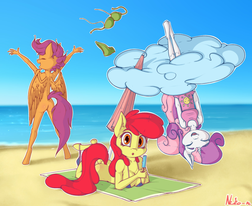 2019 anthro anthrofied apple_bloom_(mlp) beach bikini bottomless breasts butt cleavage clothed clothing cloud cutie_mark_crusaders_(mlp) discarded_clothing earth_pony equid equine eyes_closed feathered_wings feathers female food friendship_is_magic group hair hi_res horn horse lying mammal multicolored_hair my_little_pony neko-me nude on_front open_mouth open_smile orange_eyes pony popsicle pterippus public_nudity purple_hair rear_view red_hair scootaloo_(mlp) seaside smile sweetie_belle_(mlp) swimwear towel two_tone_hair umbrella undressing unicorn upside_down wings