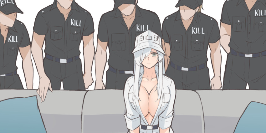 1girl 5boys baseball_cap belt bl00d_h00d black_pants black_shirt breasts closed_mouth couch grey_eyes hat hataraku_saibou hataraku_saibou_black highres killer_t_(hataraku_saibou) large_breasts multiple_boys one_eye_covered open_clothes open_shirt pants pillow piper_perri_surrounded shirt short_sleeves sidelocks sitting sleeves_rolled_up u-1196 white_blood_cell_(hataraku_saibou) white_hair