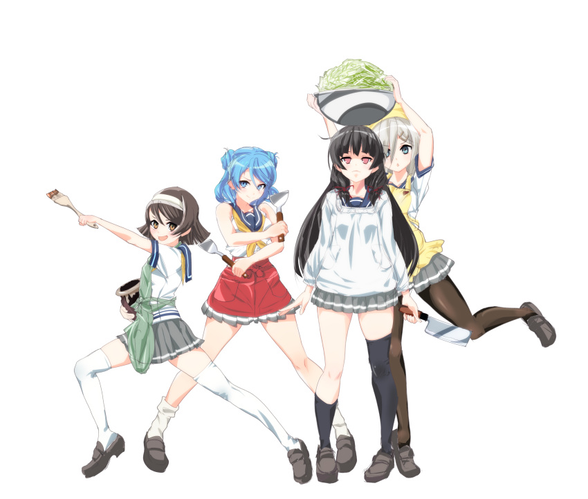 4girls apron asymmetrical_legwear black_hair black_legwear blue_eyes blue_hair bowl brown_footwear brown_legwear brush double_bun frilled_apron frills gloves green_apron grey_skirt hair_ornament hair_over_one_eye hair_ribbon hairband hairclip hamakaze_(kantai_collection) hat highres isokaze_(kantai_collection) jar kantai_collection kappougi kneehighs loafers long_hair long_sleeves looking_at_viewer loose_socks multiple_girls neckerchief pantyhose pleated_skirt pose pot red_apron red_eyes ribbon sailor_hat school_uniform serafuku shoes short_hair short_sleeves silver_hair simple_background single_kneehigh single_thighhigh skirt sleeves_rolled_up spatula standing tanikaze_(kantai_collection) thighhighs tottu tress_ribbon urakaze_(kantai_collection) waist_apron white_background white_gloves white_hairband white_headwear white_legwear yellow_apron yellow_neckwear