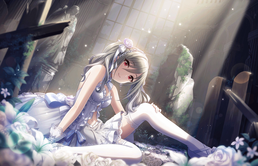 1girl alternate_costume angel_statue bare_shoulders breasts cleavage dress drill_hair earrings eyebrows_visible_through_hair flower frilled_dress frills gloves grey_hair hair_flower hair_ornament hair_ribbon hand_on_own_knee idolmaster idolmaster_cinderella_girls idolmaster_cinderella_girls_starlight_stage jewelry kanzaki_ranko light_rays looking_at_viewer moss navel official_art red_eyes ribbon ruins sitting smile solo statue thighhighs twin_drills twintails white_dress white_gloves window