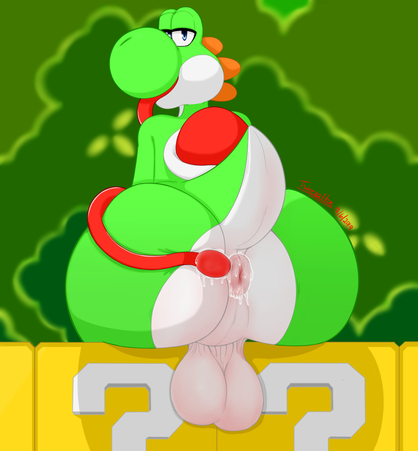 2019 absurd_res anal anthro anus backsack balls bedroom_eyes big_balls big_butt blue_eyes bodily_fluids bubble_butt butt digital_media_(artwork) gift green_skin green_yoshi half-closed_eyes hi_res looking_at_viewer looking_back male mario_bros multicolored_skin multicolored_tail nintendo nude open_mouth oral presenting presenting_anus presenting_hindquarters raised_tail rear_view reptile rimming scalie seductive sex simple_background sitting smile snout solo spread_butt spreading thick_thighs tongue tongue_out tweezalton two_tone_skin two_toned video_games white_balls white_skin white_tail wide_hips yoshi