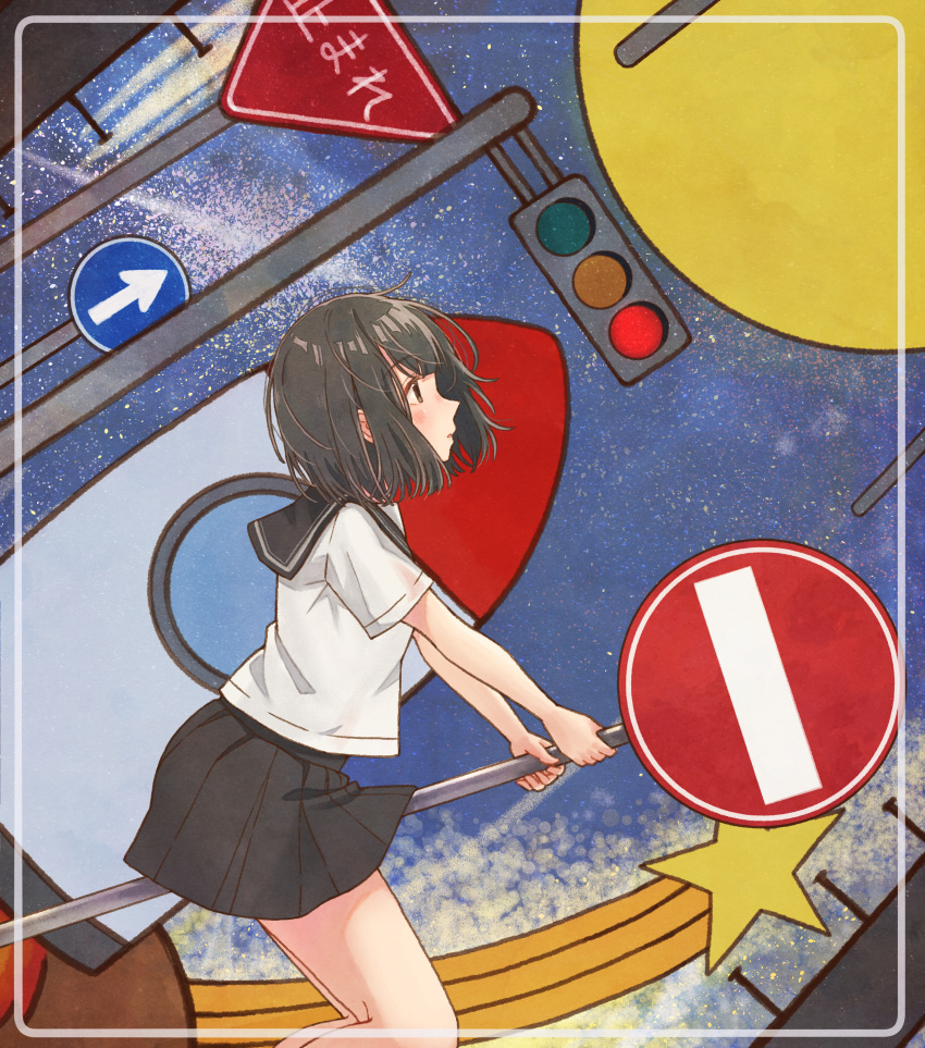 1girl absurdres black_hair black_skirt bob_cut brown_eyes directional_arrow from_side highres huge_filesize looking_away neckerchief night night_sky no_entry_sign original red_neckwear road_sign school_uniform shooting_star short_hair sign skirt sky solo star_(sky) starry_sky tanbonota46 traffic_light translation_request