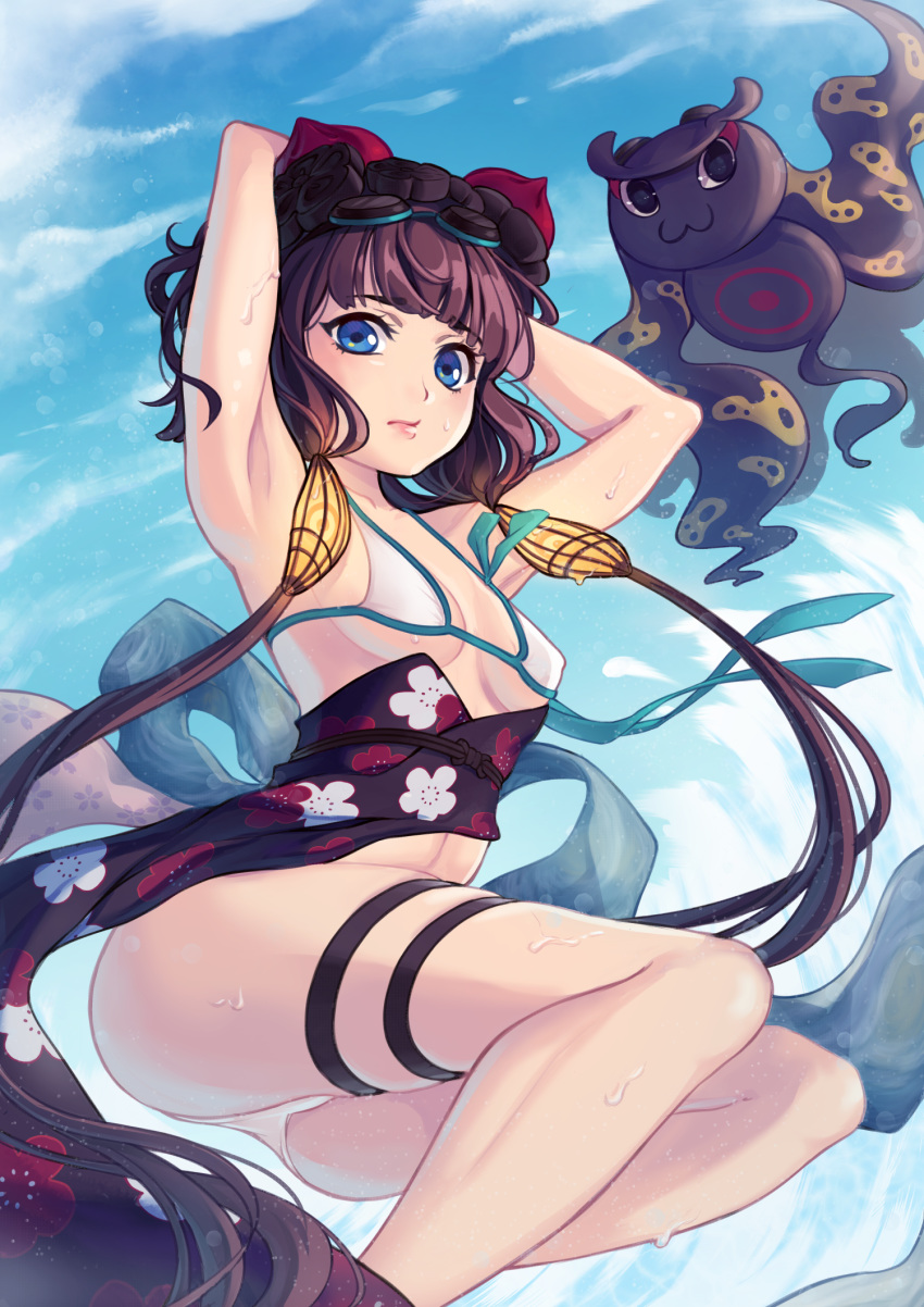 1elda1 1girl armpits arms_behind_head arms_up ass bangs bare_arms bare_legs bare_shoulders belt bikini bikini_top blue_background blue_bow blue_eyes blue_ribbon blue_sky blunt_bangs blush bow breasts cleavage closed_mouth cloud cloudy_sky collarbone day eyebrows_visible_through_hair fate/grand_order fate_(series) floral_print flower from_below goggles goggles_on_head hair_flower hair_ornament highres katsushika_hokusai_(fate/grand_order) katsushika_hokusai_(swimsuit_saber)_(fate) leg_belt long_hair looking_at_viewer looking_down md5_mismatch ocean octopus outdoors pout purple_hair ribbon simple_background sky solo stomach swimsuit thigh_strap tokitarou_(fate/grand_order) water wet white_bikini