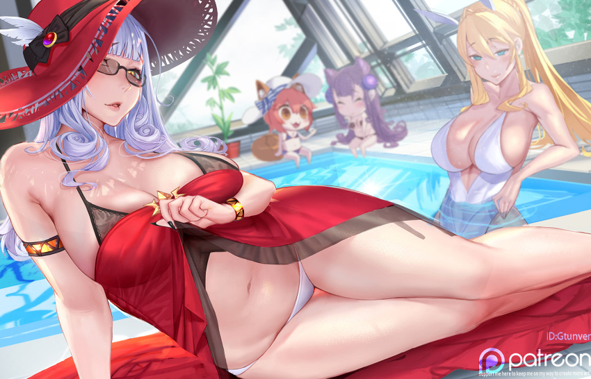 4girls animal_ears armlet artoria_pendragon_(all) artoria_pendragon_(swimsuit_ruler)_(fate) bangs bare_shoulders blunt_bangs blush bracelet breasts bunny_ears carmilla_(swimsuit_rider)_(fate) chibi chibi_inset cleavage downscaled dress fate/grand_order fate_(series) green_eyes gtunver hat highres jewelry large_breasts long_hair looking_at_viewer multiple_girls murasaki_shikibu_(fate) navel one-piece_swimsuit open_mouth parted_lips ponytail pool red_dress resized revision sidelocks silver_hair smile sun_hat sunglasses swimsuit tamamo_(fate)_(all) tamamo_no_mae_(swimsuit_lancer)_(fate) thighs white_bikini_bottom white_swimsuit yellow_eyes