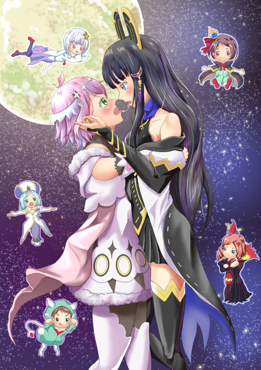 6+girls animal_hood anna_fugo black_hair blue_eyes blue_hair blush breasts brown_hair chibi cleavage commentary_request crescent crescent_hair_ornament cross_hair_ornament crown dress drill_hair eye_contact french_kiss full_moon granbelm green_eyes hair_ornament hakamada_suishou hand_on_another's_face highres hood hug kiss kiul kohinata_mangetsu long_hair looking_at_another lying magical_girl medium_breasts moon multiple_girls night night_sky on_stomach open_mouth pink_hair red_hair rin_nene robe rosa_(granbelm) saliva saliva_trail shingetsu_ernesta_fukami short_hair side_ponytail sideboob sky star_(sky) starry_sky surprised t-pose thighhighs tongue tongue_out tsuchimikado_kuon yuri