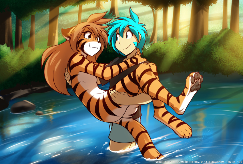 2019 anthro blue_hair breasts bridal_carry butt carrying casual_nudity clothed clothing conditional_dnp convenient_censorship digitigrade duo felid female flora_(twokinds) forest fur hair hi_res human keidran male mammal multicolored_fur nude orange_fur outside pantherine partially_submerged pawpads river side_boob smile striped_fur stripes tiger tom_fischbach trace_legacy tree twokinds water webcomic white_fur