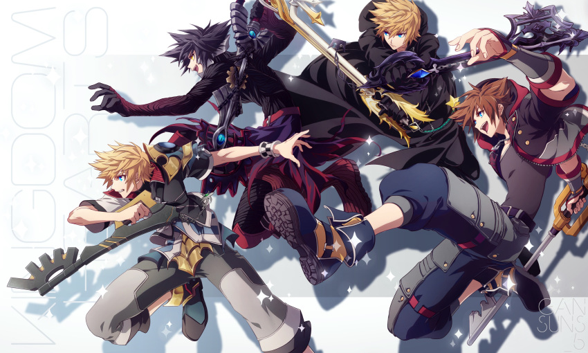4boys absurdres asymmetrical_clothes black_coat black_coat_(kingdom_hearts) black_gloves black_hair blonde_hair blue_eyes brown_hair clenched_teeth dual_wielding gloves highres holding holding_weapon jacket keyblade kingdom_hearts kingdom_hearts_iii kingdom_key looking_to_the_side midair multiple_boys oathkeeper oblivion_(keyblade) open_mouth outstretched_arm roku_(gansuns) roxas serious shoulder_armor smile sora_(kingdom_hearts) spiked_hair teeth vanitas ventus weapon wristband yellow_eyes