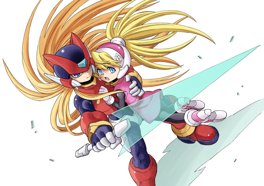 1boy 1girl android bangs blonde_hair blue_eyes ciel_(rockman) energy_sword gloves hair_between_eyes hand_on_another's_back headgear helmet high_ponytail holding holding_weapon long_hair open_mouth ponytail rockman rockman_zero simple_background smile sword user_dmeh8545 very_long_hair weapon white_background white_gloves zero_(rockman)