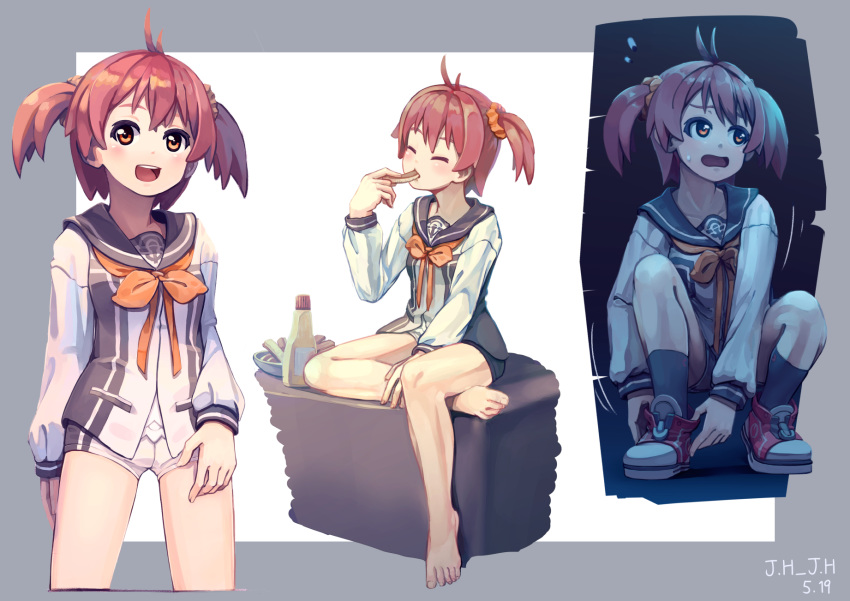 1girl :d ahoge artist_name barefoot blush border bowl bread_crust brown_eyes closed_eyes collarbone commentary_request eating flying_sweatdrops food furrowed_eyebrows highres holding holding_food isshiki_akane j.h_j.h long_sleeves looking_at_viewer motion_lines multiple_views neckerchief number open_mouth outside_border red_hair school_uniform serafuku shirt shoes short_hair short_shorts shorts sitting smile squatting squeeze_bottle standing sweatdrop twintails vividred_operation white_background white_shorts