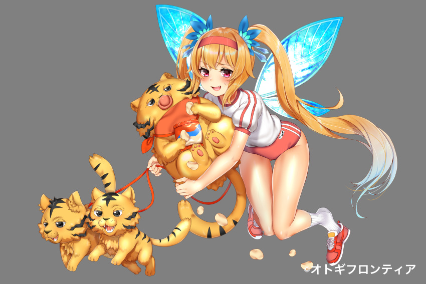 1girl :d animal ass_visible_through_thighs bag_of_chips bangs blonde_hair blue_hair blue_wings blush buruma buta_tamako character_request chips crystal eyebrows_visible_through_hair fairy_wings fang food gradient_hair grey_background groin gym_shirt gym_uniform hairband highres holding holding_animal holding_leash leaning_forward leash long_hair looking_at_viewer multicolored_hair official_art open_mouth otogi_frontier potato_chips puffy_short_sleeves puffy_sleeves purple_eyes red_buruma red_footwear red_hairband ribbed_legwear shirt shoes short_sleeves sidelocks simple_background smile sneakers socks solo sweat twintails very_long_hair watermark white_legwear white_shirt wings