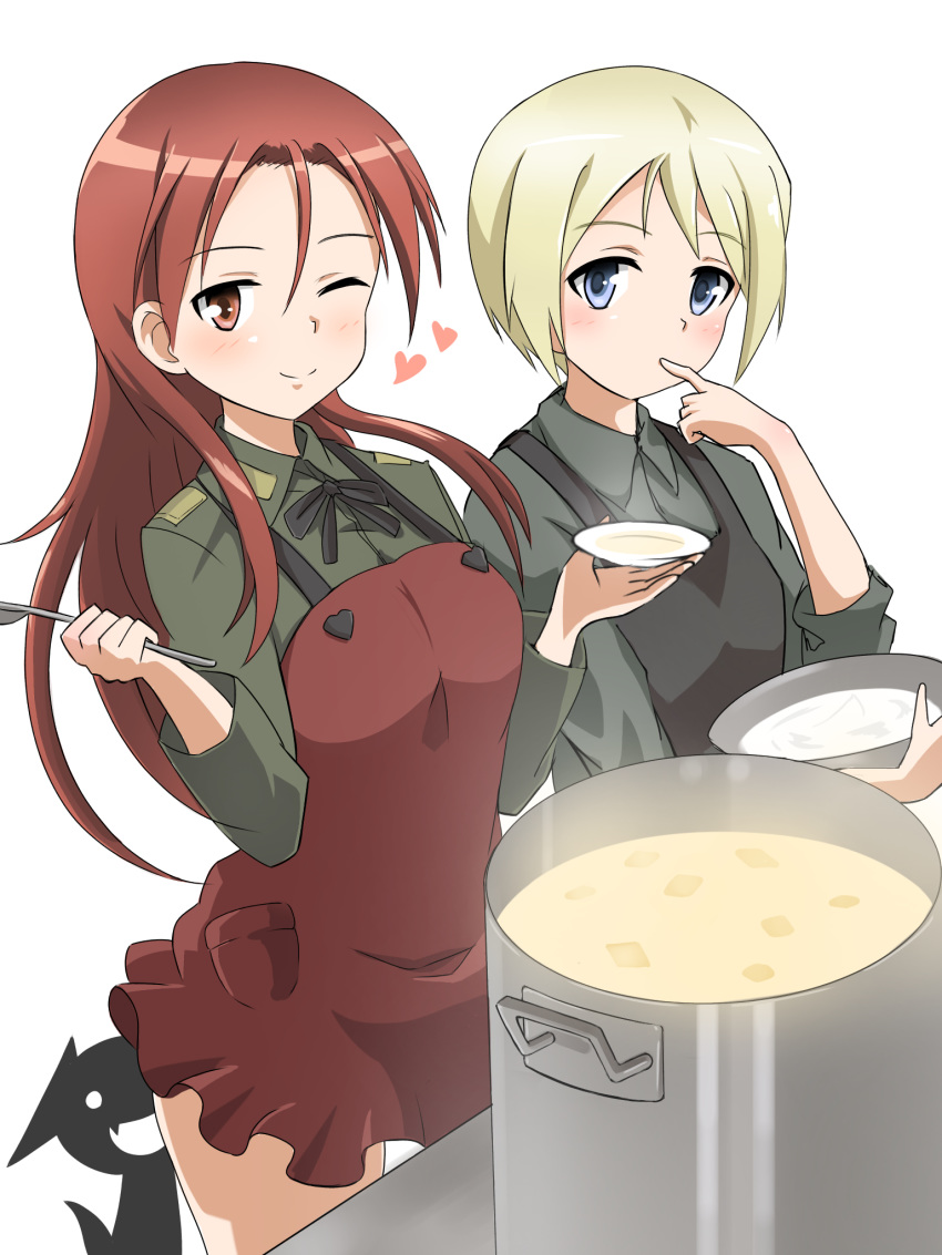 3girls apron blonde_hair blue_eyes blush breasts closed_mouth collar cooking erica_hartmann eyebrows_visible_through_hair finger_to_mouth heart highres long_hair looking_at_viewer medium_breasts military military_uniform minna-dietlinde_wilcke miyafuji_yoshika multiple_girls one_eye_closed pot red_eyes red_hair shiny shiny_hair shiny_skin short_hair silhouette silhouette_demon simple_background small_breasts smile strike_witches uniform vr46 white_background world_witches_series