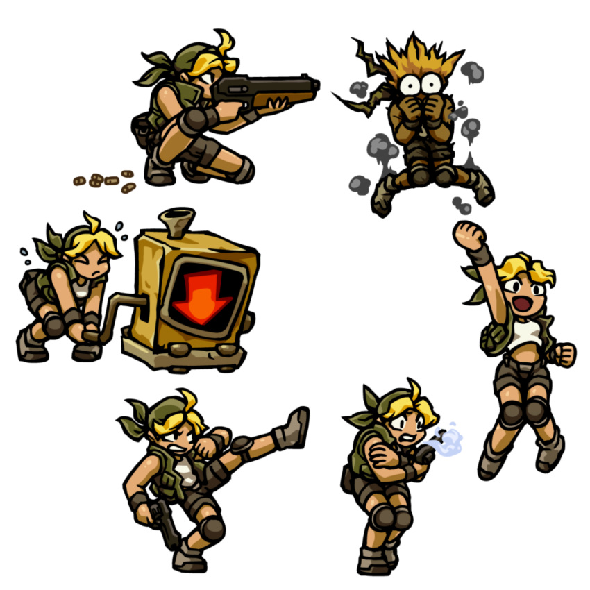 aiming ammo arrow bandana blonde_hair bullet burnt burnt_clothes character_sheet closed_eyes cold crossed_arms female female_focus female_only fist fist_pump freezing frizzled_hair gun hair happy holding holding_weapon human jacket kasamoto_eri kicking knee_pads legs_together lever looking_at_viewer machine_gun mechanical mechanism metal_slug on_one_knee open_mouth pants pistol pushing shoes shorts smoke snk solo solo_focus sweat undead-hipster undershirt video_games walkie-talkie weapon wide-eyed