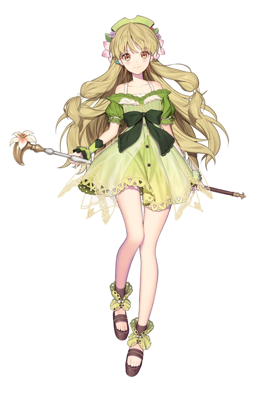 1girl atelier_(series) atelier_ayesha bangs bare_shoulders black_bow black_footwear blonde_hair blush bow collarbone commentary_request dress eyebrows_visible_through_hair flower full_body green_dress hair_flower hair_ornament highres holding holding_staff large_bow lemonpear long_hair looking_at_viewer purple_flower shoes simple_background smile solo staff twintails white_background white_bow