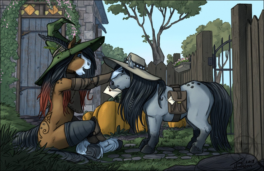 2018 anthro black_hair brown_fur casual_exposure cinders clothing detailed_background duo equid equine fence feral flower fur furgonomics grass grey_fur hair hat headgear headwear hooves horse long_hair mail mailbag mammal object_in_mouth outside plant sitting sky standing stasis_delirium tree wizard_hat