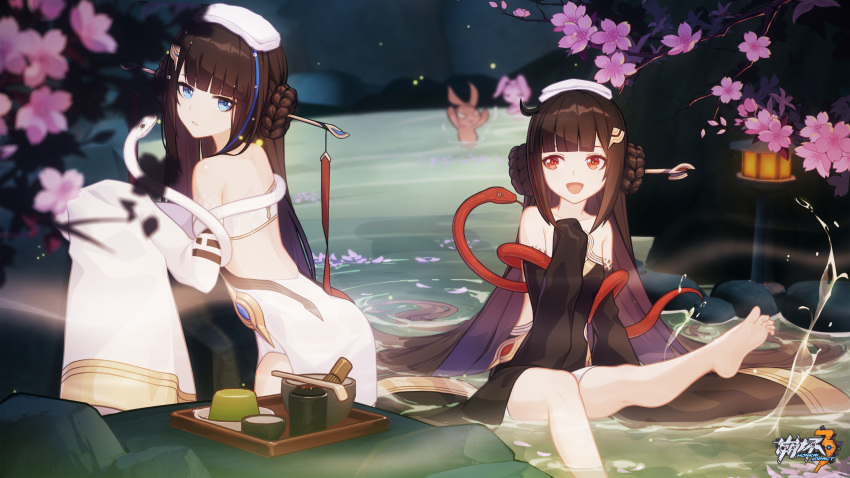 2girls bangs barefoot black_hair blue_eyes blue_hair blunt_bangs blush braid breasts collarbone detached_sleeves double_bun dress eyebrows_visible_through_hair fuxi hair_ornament hand_up highres honkai_(series) honkai_impact_3rd logo long_hair long_sleeves looking_at_another looking_at_viewer multicolored_hair multiple_girls nuwa official_art open_mouth parted_lips red_eyes scroll sidelocks sitting sleeves_past_fingers sleeves_past_wrists small_breasts snake soaking_feet splashing strapless strapless_dress streaked_hair very_long_hair wide_sleeves