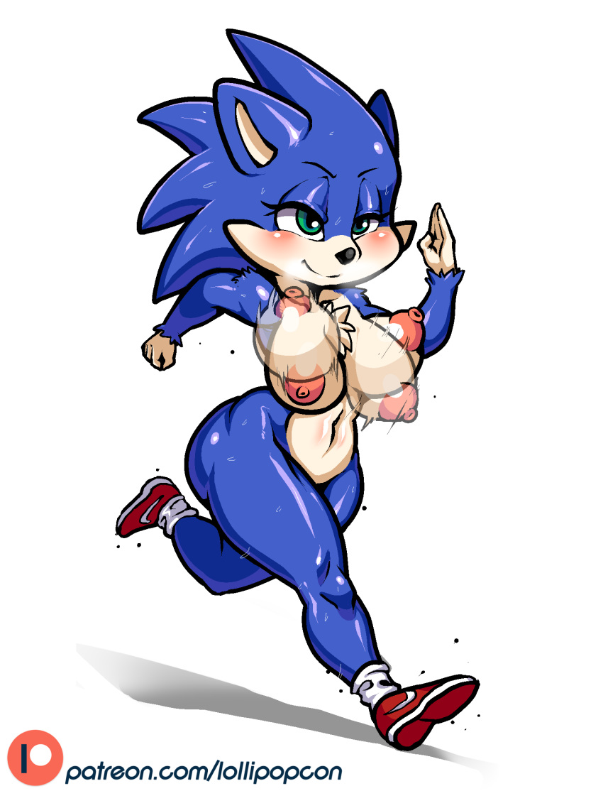 anthro areola big_breasts big_butt blue_hair blush bodily_fluids bouncing_breasts breasts butt chest_tuft crossgender eulipotyphlan female green_eyes hair hedgehog hi_res lollipopcon looking_ahead mammal navel nike nipples nude running short_stack simple_background sneakers solo sonic_(series) sonic_movie sonic_the_hedgehog sweat thick_thighs tuft white_background