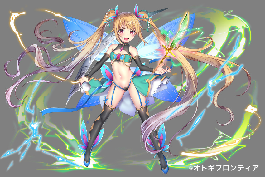 1girl :d ass_visible_through_thighs bangs bare_shoulders black_legwear black_sleeves blue_footwear blue_wings blush breasts brown_hair buta_tamako character_request collarbone commentary_request covered_collarbone dagger detached_sleeves eyebrows_visible_through_hair fairy_wings fang flower full_body glowing glowing_weapon gradient_hair grey_background hair_ribbon highres holding light_brown_hair lily_of_the_valley long_hair long_sleeves looking_at_viewer multicolored_hair navel official_art open_mouth otogi_frontier red_eyes ribbon shoes sidelocks simple_background small_breasts smile solo thighhighs twintails v-shaped_eyebrows very_long_hair watermark weapon wings