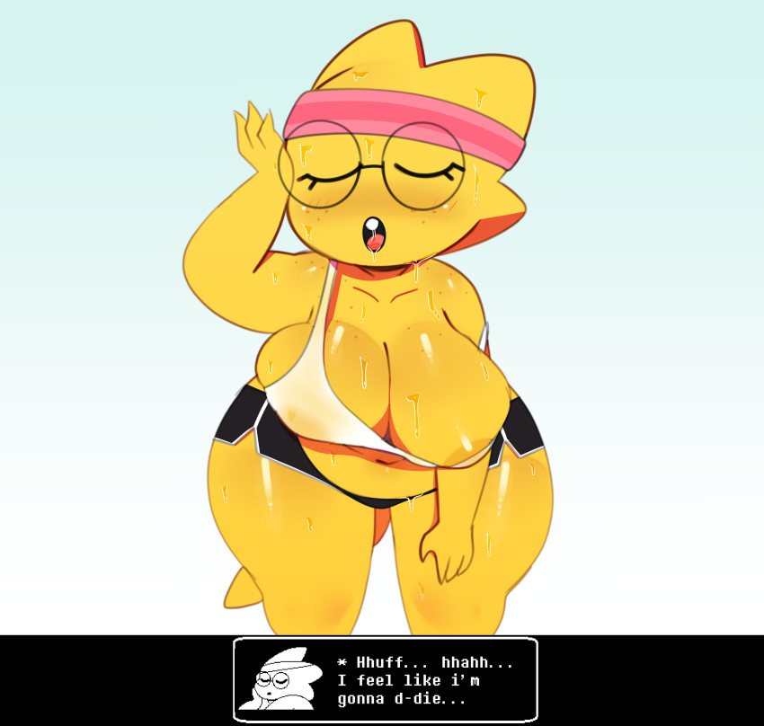 absurd_res accessory alphys anthro areola belly big_breasts blush bodily_fluids bottomwear breasts buckteeth clothed clothing down_blouse drooling eyes_closed eyewear female freckles front_view glasses headband hi_res leaning leaning_forward midriff navel nipple_outline non-mammal_breasts off_shoulder open_mouth overweight overweight_female reptile saliva scales scalie shirt short_stack shorts skimpy solo somescrub standing sweat tank_top teeth thick_thighs tongue topwear translucent translucent_clothing undertale video_games wardrobe_malfunction wide_hips yellow_scales
