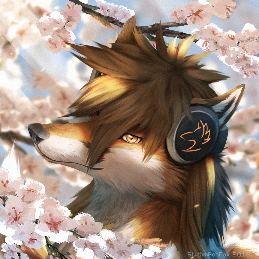 1:1 2018 ambiguous_form black_markings black_nose brown_ears brown_hair canid canine detailed_background digital_media_(artwork) flower fluffy fox fur hair headphones headshot_portrait hi_res male mammal markings multicolored_fur orange_eyes orange_fur plant portrait red_fox rhythmpopfox short_hair slit_pupils solo tree white_fur