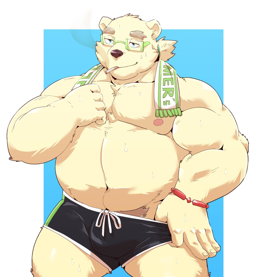 2019 absurd_res anthro belly blue_eyes bulge clothing eyewear glasses hi_res humanoid_hands jumperbear leib_(tas) male mammal moobs navel nipples overweight overweight_male polar_bear pubes simple_background smoking solo swimwear tokyo_afterschool_summoners undressing ursid ursine video_games