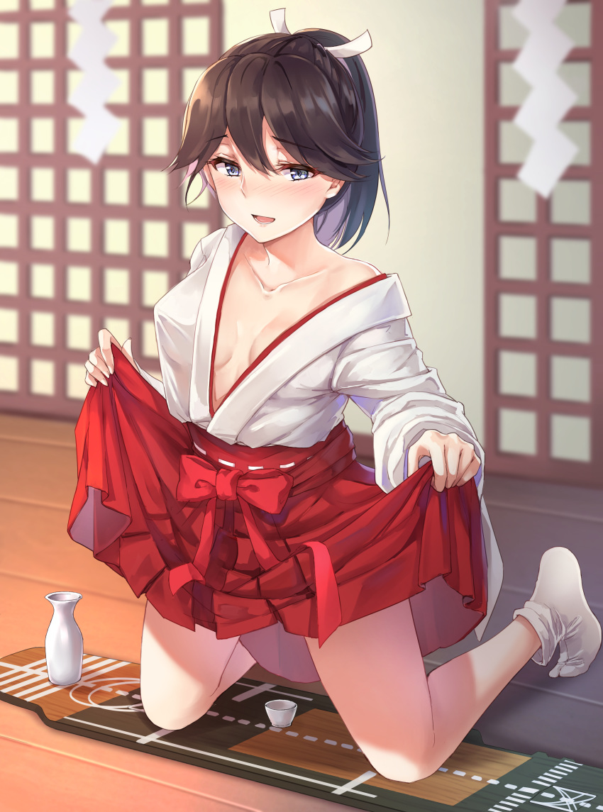 1girl absurdres alcohol alternate_costume blush breasts cleavage cup eyebrows_visible_through_hair flight_deck grey_eyes hair_between_eyes hair_ribbon hakama hakama_skirt highres houshou_(kantai_collection) japanese_clothes kantai_collection kimono large_breasts lifted_by_self long_hair long_sleeves miko no_bra open_mouth ponytail red_skirt ribbon skirt smile solo thighs white_kimono white_ribbon yuemanhuaikong