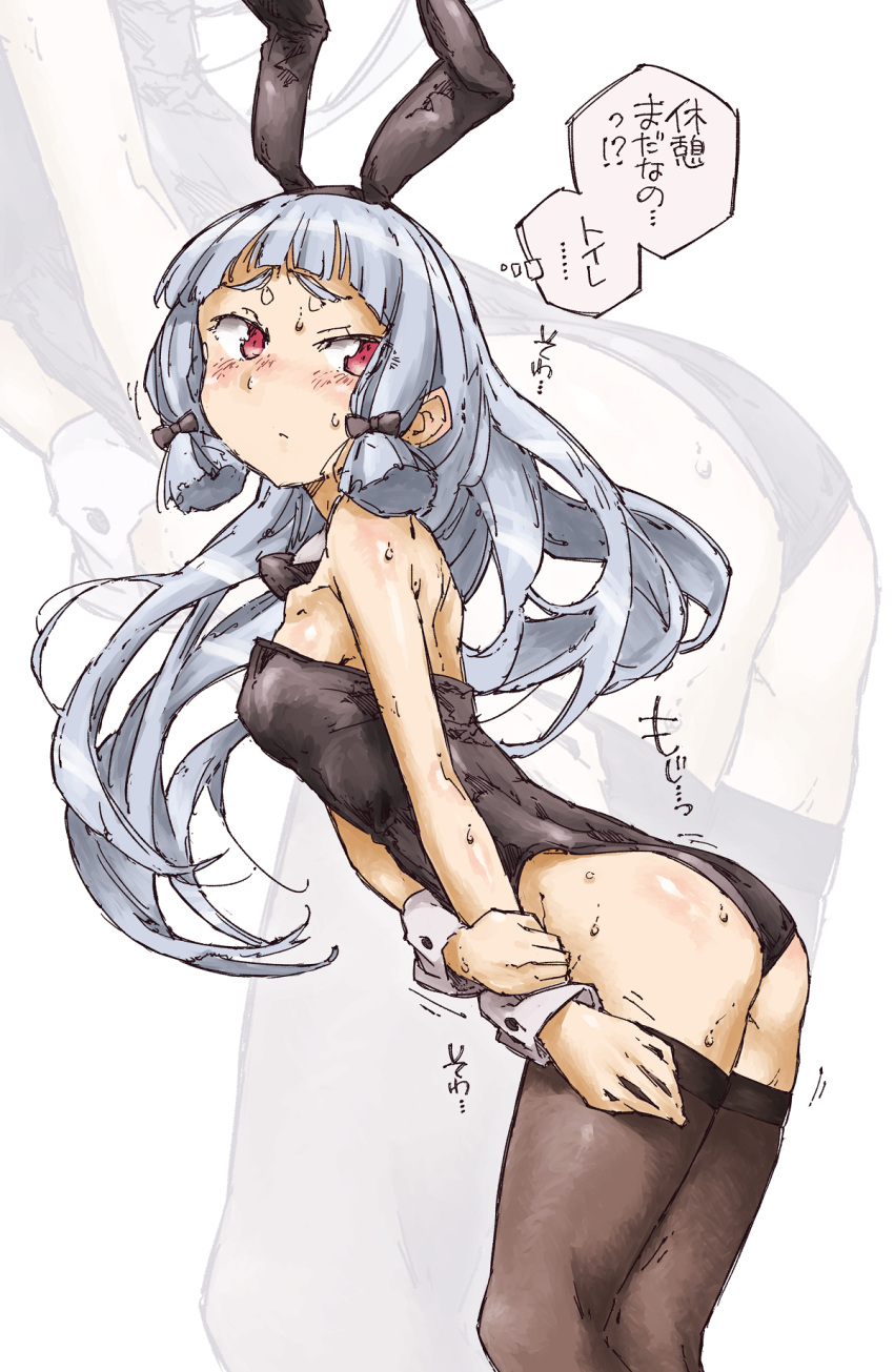 1girl alternate_costume ass bangs bare_shoulders black_hairband black_legwear black_leotard black_neckwear blue_hair blunt_bangs blush bow bowtie breasts bunnysuit closed_mouth commentary_request detached_collar eyebrows_visible_through_hair from_side hair_bow hairband have_to_pee highres kantai_collection koorimizu leaning_forward leotard long_hair looking_back murakumo_(kantai_collection) nervous nose_blush red_eyes shiny shiny_hair shiny_skin skindentation small_breasts solo standing strapless strapless_leotard sweat text_focus thighhighs thought_bubble translation_request wrist_cuffs zoom_layer