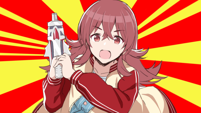 1girl :d bangs batsu blue_dress brown_hair brown_jacket collarbone commentary_request dress eyebrows_visible_through_hair gun hair_between_eyes holding holding_gun holding_weapon idolmaster idolmaster_shiny_colors jacket komiya_kaho letterman_jacket long_hair looking_at_viewer open_clothes open_jacket open_mouth red_eyes smile solo striped sunburst sunburst_background upper_body v-shaped_eyebrows vertical-striped_dress vertical_stripes weapon weapon_request