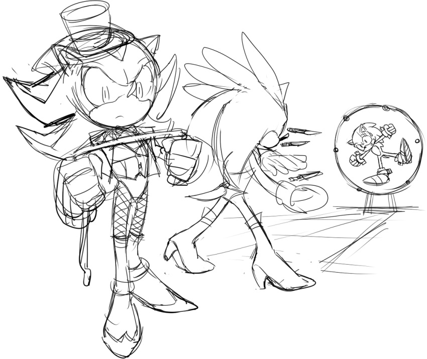 anthro black_and_white bound circus clothing costume den255 eulipotyphlan footwear group hat headgear headwear hedgehog high_heels humor knife male mammal monochrome shadow_the_hedgehog shoes silver_the_hedgehog sketch sonic_(series) sonic_the_hedgehog throwing top_hat wheel