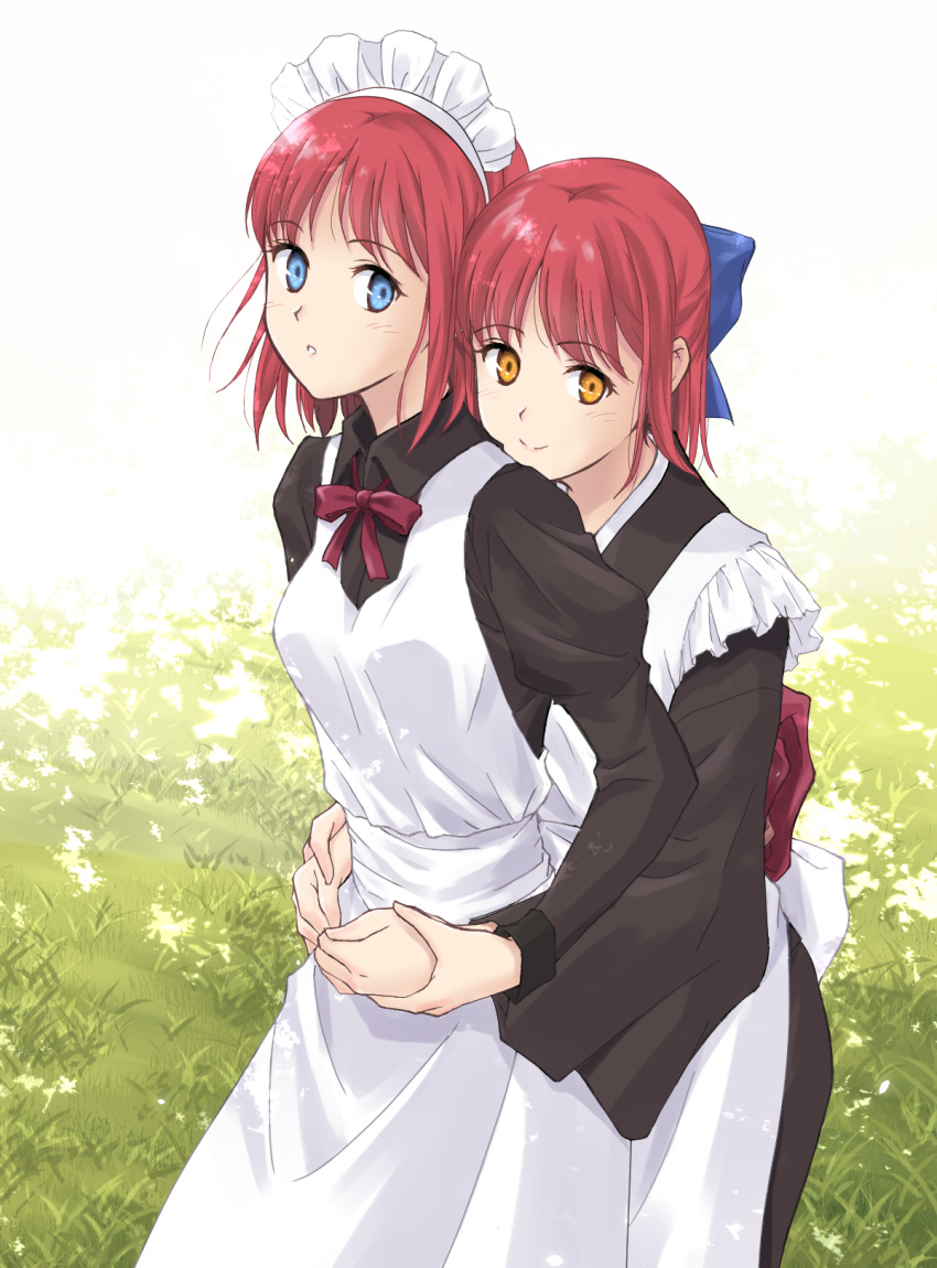 2girls :o akizuki565602 apron bangs blue_eyes blush bow bowtie breasts dappled_sunlight day dress eyebrows_visible_through_hair frilled_apron frills grass hair_bow highres hisui holding_hands hug hug_from_behind japanese_clothes kimono kohaku looking_at_viewer maid maid_apron maid_headdress multiple_girls orange_eyes outdoors pink_hair puffy_sleeves revision siblings sidelocks sisters smile standing sunlight tsukihime wa_maid wide_sleeves