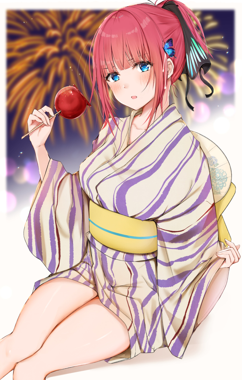 1girl absurdres bangs bare_legs blue_eyes blunt_bangs blurry blurry_background blush border breasts butterfly_hair_ornament candy_apple collarbone eating eyebrows_visible_through_hair fading_border fan festival fireworks food go-toubun_no_hanayome hair_between_eyes hair_ornament hair_ribbon hand_up highres holding holding_food japanese_clothes kimono looking_at_viewer nakano_nino outside_border paper_fan ponytail red_hair ribbon short_hair short_ponytail sidelocks sitting sleeves_past_wrists solo striped striped_kimono uchiwa uiri-na yukata