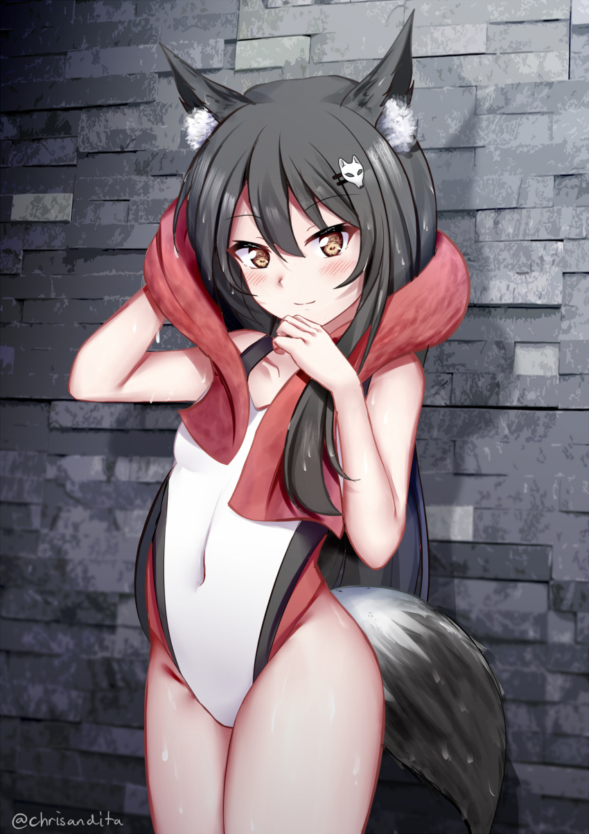 1girl animal_ear_fluff animal_ears bangs bare_arms bare_shoulders black_hair blush brick_wall brown_eyes chrisandita closed_mouth collarbone commentary competition_swimsuit covered_navel drying drying_hair english_commentary eyebrows_visible_through_hair fox_ears fox_girl fox_hair_ornament fox_tail groin hair_between_eyes hair_ornament hairclip highres long_hair looking_at_viewer one-piece_swimsuit original smile solo swimsuit tail towel towel_around_neck twitter_username very_long_hair white_swimsuit