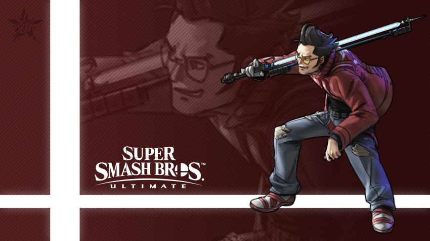 1boy absurdres black_hair denim energy_sword gloves highres jacket jeans male_focus nin_nakajima no_more_heroes pants shirt short_hair simple_background smile solo sunglasses super_smash_bros. sword travis_touchdown weapon