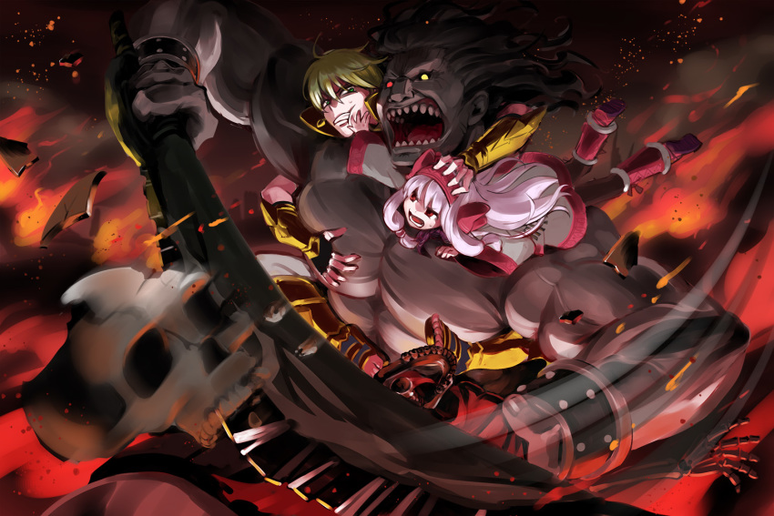 berserker black_sclera dark_skin dark_skinned_male fate/grand_order fate_(series) fighting fingerless_gloves gloves green_eyes heterochromia jason_(fate/grand_order) long_hair red_eyes roaring sitonai skeleton skull wide_sleeves yellow_eyes