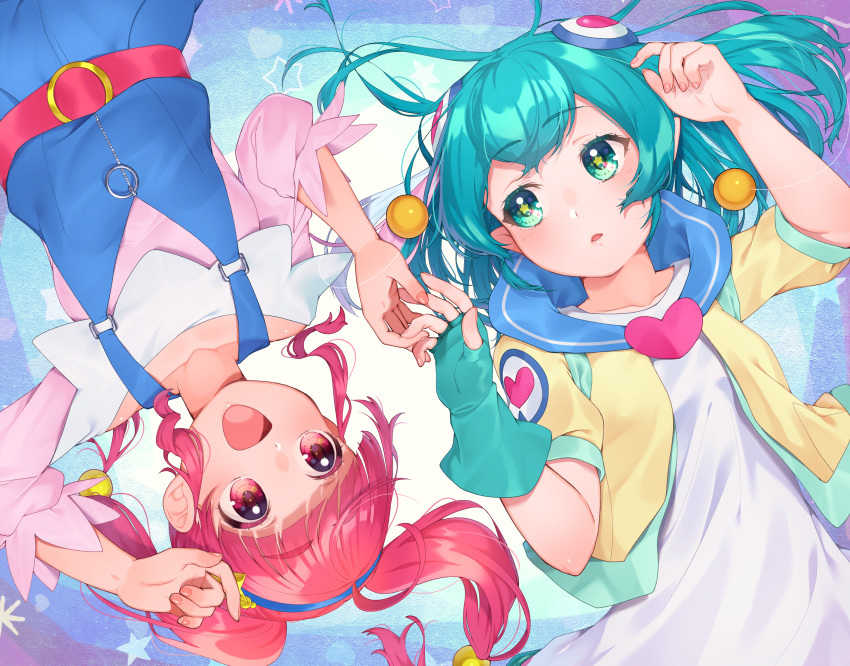 2girls :d absurdres aqua_eyes aqua_gloves aqua_hair collarbone eyebrows_visible_through_hair gloves hagoromo_lala hair_ornament heart highres hoshina_hikaru huge_filesize long_sleeves looking_at_another multiple_girls open_mouth pink_eyes pointy_ears precure red_eyes red_hair short_hair short_sleeves single_glove smile star star-shaped_pupils star_twinkle_precure symbol-shaped_pupils twintails upside-down yupiteru