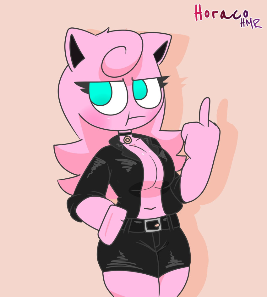 2019 anthro big_breasts breasts cleavage clothed clothing female gesture hair hi_res horaco jigglypuff jillgglypuff mammal middle_finger nintendo pink_hair pok&eacute;mon pok&eacute;mon_(species) simple_background solo video_games