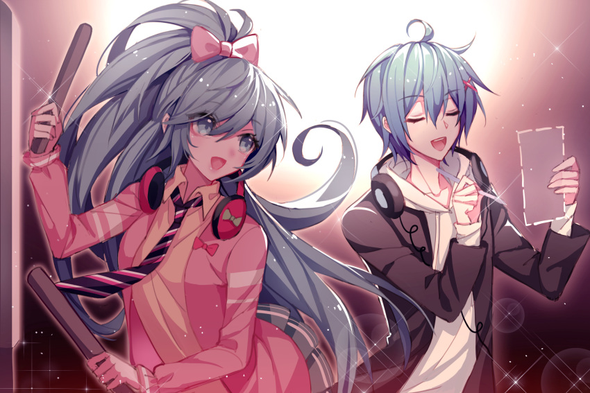 1boy 1girl ahoge blue_eyes blue_hair bow bowtie closed_eyes collarbone commentary dotted_line drawstring drum drumsticks hair_bow hair_ornament hairclip hands_up hatsune_miku headphones headphones_around_neck highres holding holding_drumsticks holding_paper holding_pen hood hoodie instrument jacket kaito kazenemuri lipstick long_hair looking_at_another makeup necktie open_mouth paper pen pink_bow pink_jacket skirt smile sparkle spotlight striped striped_neckwear very_long_hair vocaloid white_hoodie