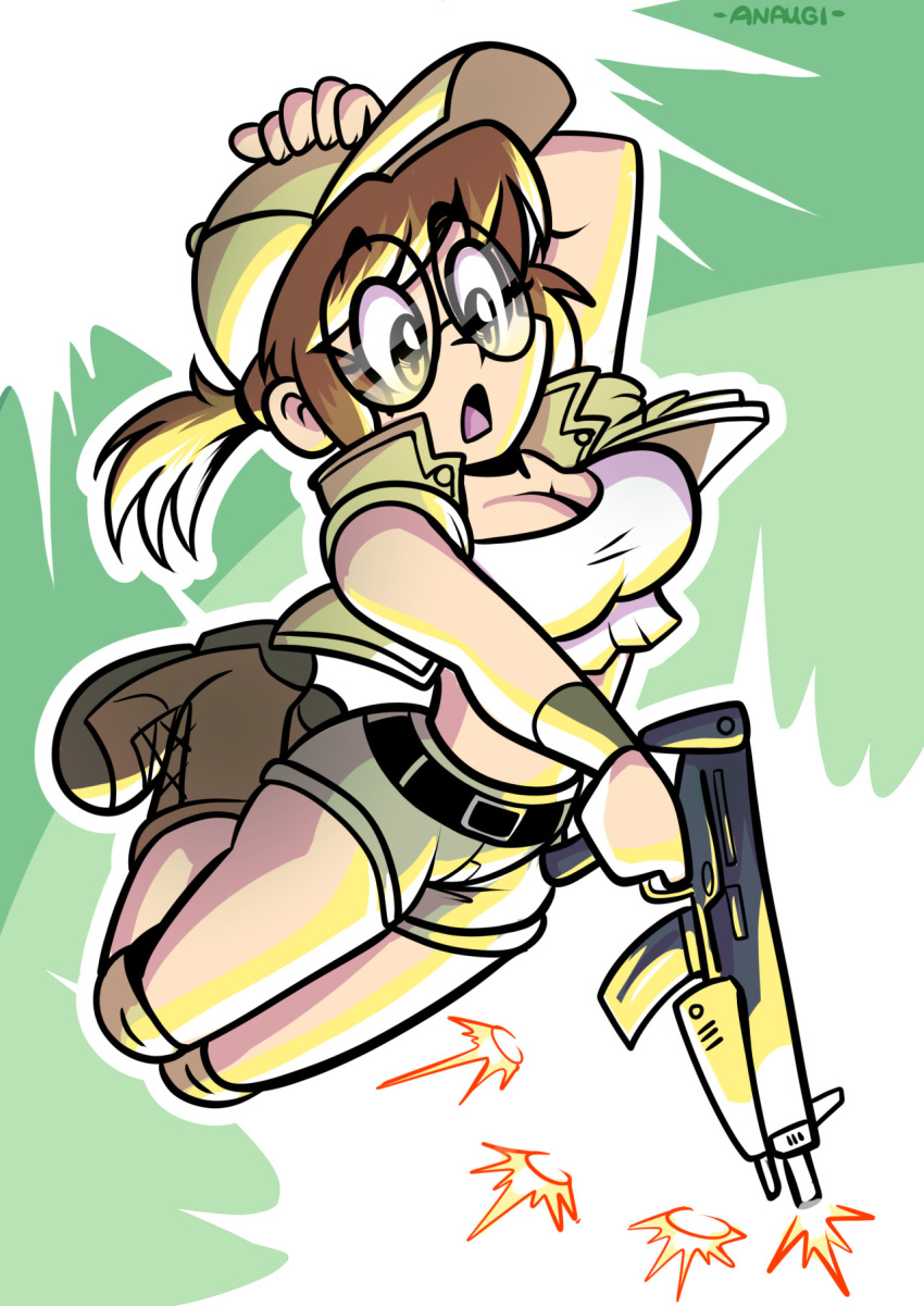 1girl artist_name boots breasts brown_hair cap cleavage clothing digital_media_(artwork) female female_focus female_only fio_germi firing gun hand_on_head hat highres human knee_pads legs machine_gun metal_slug navel open_mouth open_shirt pants ponytail shooting shorts snk solo solo_focus tied_hair tongue undershirt video_games