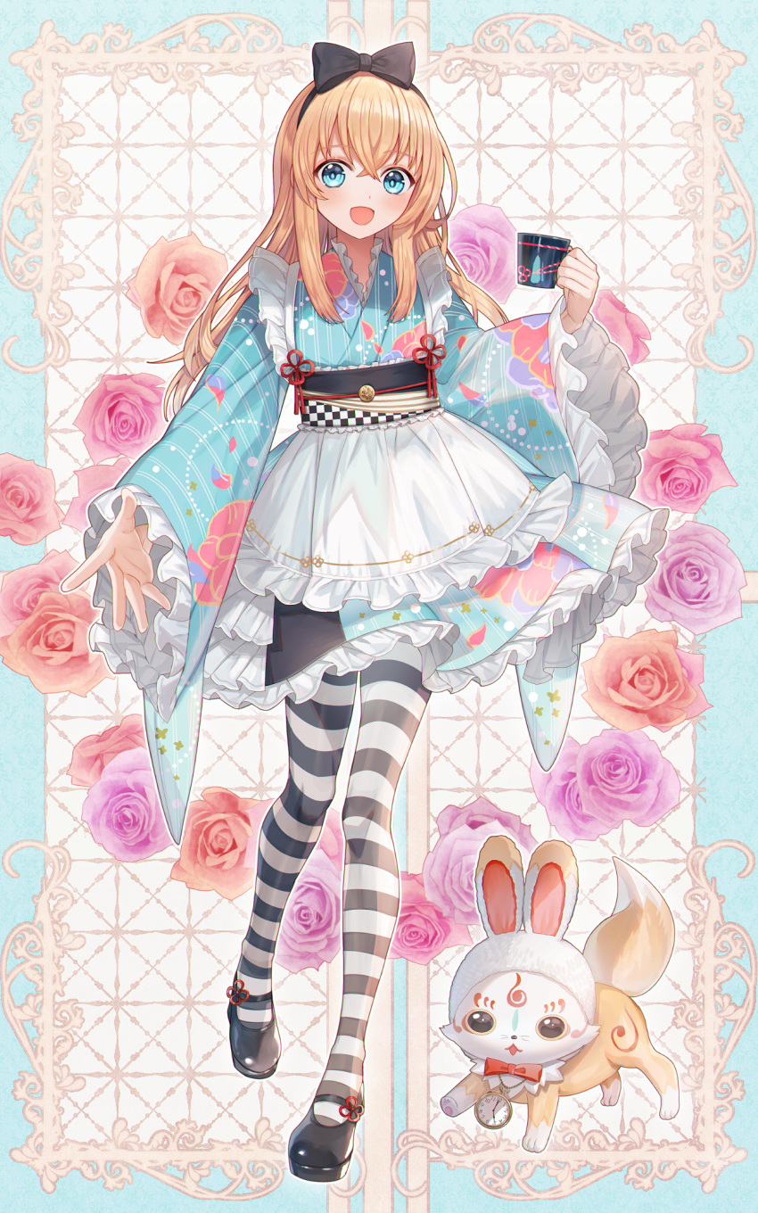 1boy :d abandon_ranka alice_(wonderland) alice_(wonderland)_(cosplay) alice_in_wonderland animal_hood apron blonde_hair blue_eyes bow bunny_hood cosplay cup flower fox frilled_skirt frilled_sleeves frills hair_bow highres hood japanese_clothes konnosuke lolita_fashion male_focus mary_janes midare_toushirou open_mouth otoko_no_ko outstretched_hand pink_flower pink_rose red_flower red_rose rose shoes skirt smile striped striped_legwear teacup touken_ranbu wa_lolita watch white_rabbit white_rabbit_(cosplay)