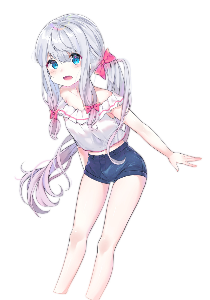 1girl absurdres bangs blue_eyes blush bow breasts collarbone eromanga_sensei eyebrows_visible_through_hair feet_out_of_frame hair_bow highres izumi_sagiri long_hair looking_at_viewer open_mouth pink_bow short_sleeves shorts silver_hair simple_background solo urim_(paintur) white_background