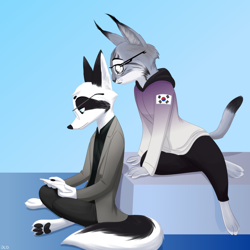 1:1 2019 ambiguous_gender anthro barefoot black_ears blue_background blue_eyes book canadian_lynx canid canine cheek_tuft clothed clothing crossed_legs dipstick_tail duo ear_tuft eyewear facial_markings felid feline fox glasses gradient_background head_markings head_tuft hi_res holding_book holding_object hoodie landsec_(landect) lynx mammal markings multicolored_tail open_jacket pawpads reading signature simple_background sitting skeletonguys-and-ragdolls south_korean_flag topwear tuft