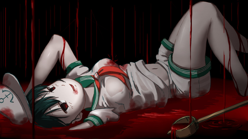 1girl arms_up bare_arms bare_legs blood blood_on_face bloody_clothes commentary_request dripping empty_eyes from_side green_hair hat highres hikaru_niwatori hishaku knees_up looking_at_viewer lying midriff_peek murasa_minamitsu navel on_back parted_lips red_eyes sailor sailor_collar sailor_hat see-through shirt short_hair short_sleeves shorts smile solo stomach touhou wet wet_clothes