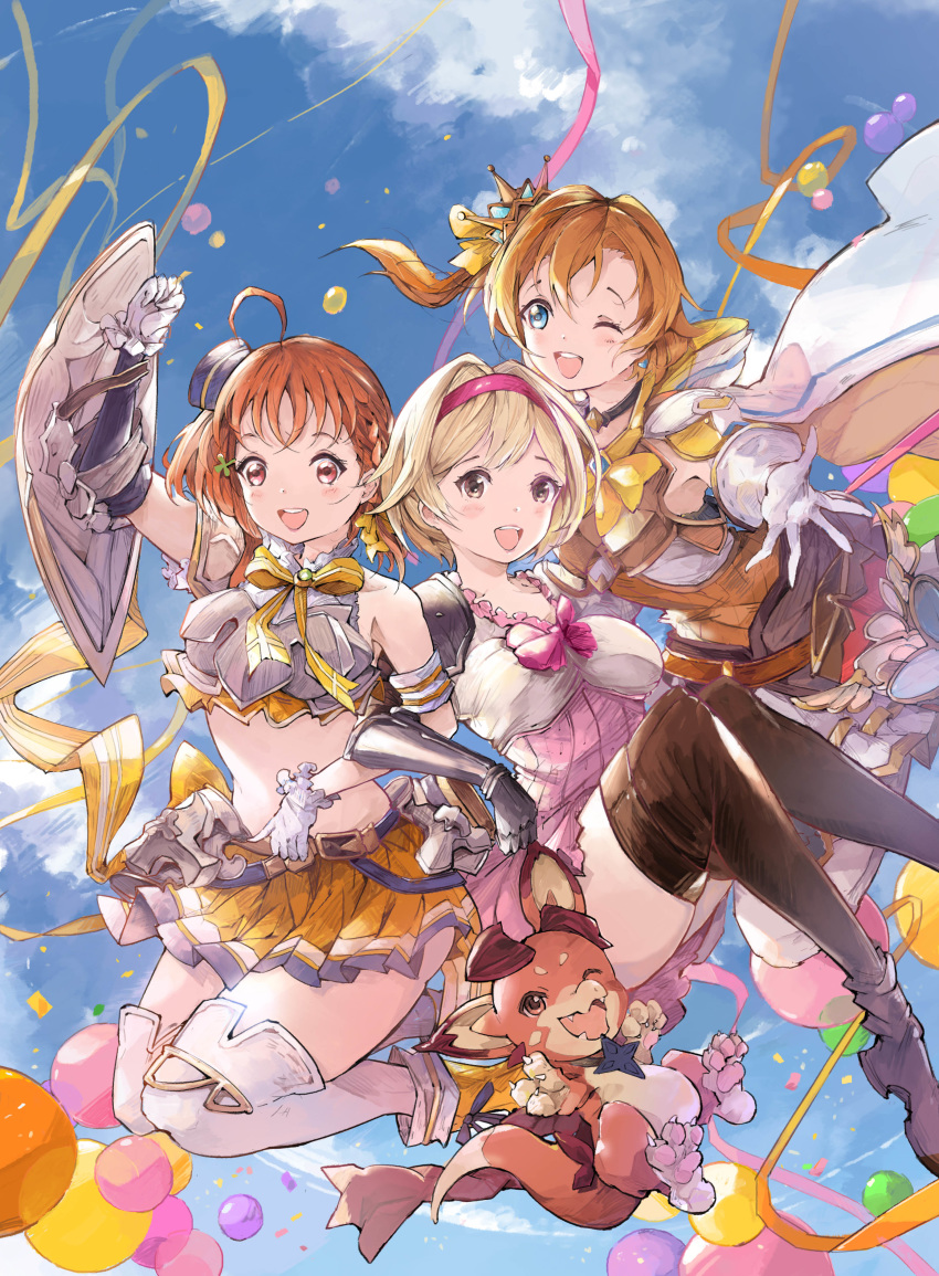 3girls absurdres ahoge animal bangs blonde_hair blue_eyes blue_sky blush boots brown_eyes cape djeeta_(granblue_fantasy) gauntlets gloves granblue_fantasy hair_ornament hairband hat highres kousaka_honoka looking_at_viewer love_live! love_live!_school_idol_project love_live!_sunshine!! midriff mini_hat multiple_girls one_eye_closed one_side_up open_mouth orange_hair pink_hairband pleated_skirt qianqian shield short_hair shoulder_armor skirt sky swept_bangs takami_chika thigh_boots thighhighs