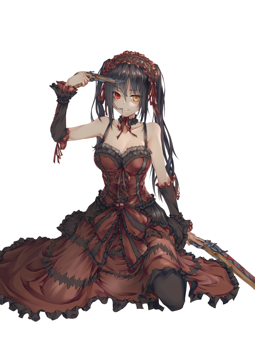 1girl absurdres asymmetrical_hair bad-old-driver bare_shoulders black_hair black_legwear breasts cleavage clock_eyes date_a_live detached_collar detached_sleeves full_body gothic_lolita grin gun hair_in_mouth hairband heterochromia highres holding holding_gun holding_weapon kneeling lolita_fashion lolita_hairband long_hair medium_breasts pointing pointing_at_self red_eyes rifle smile solo symbol-shaped_pupils thighhighs tokisaki_kurumi twintails weapon white_background work_in_progress yellow_eyes